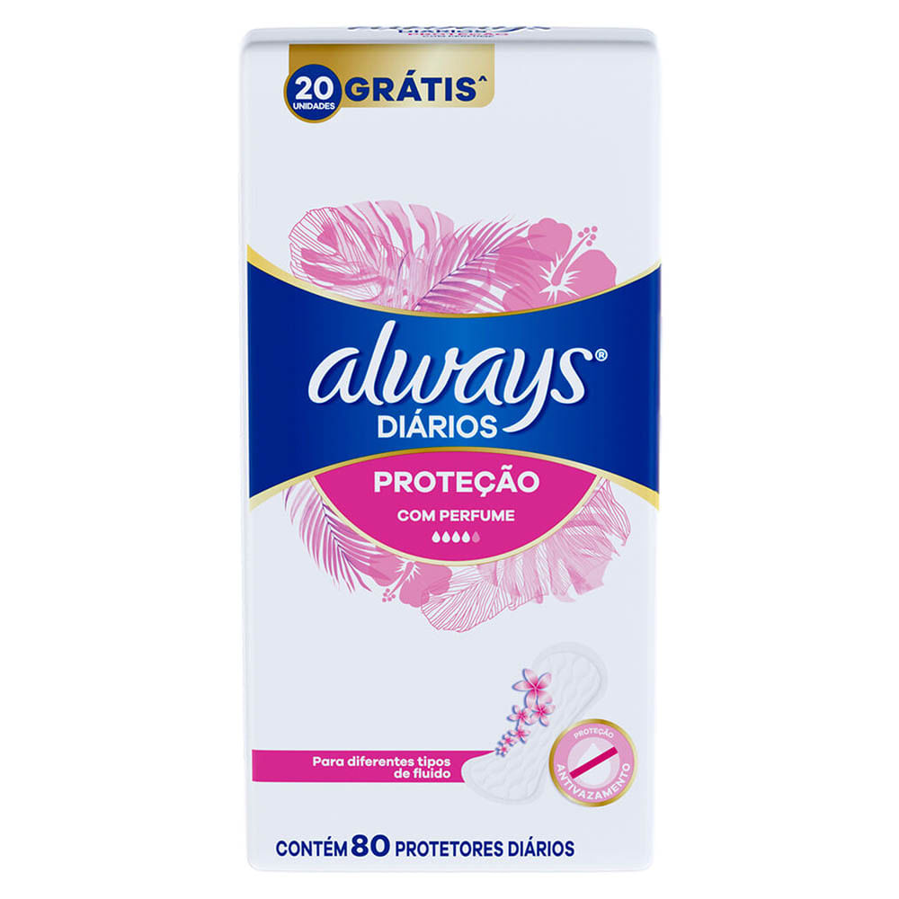 Protetor Diário sem Abas com Perfume Always Pacote 80 Unidades Grátis 20 Unidades