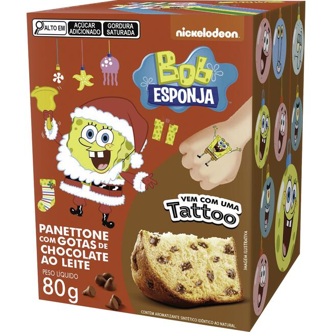 Mini Panettone com Gotas de Chocolate ao Leite Bob Esponja Casa Suíça Caixa 80g Vem com Tattoo