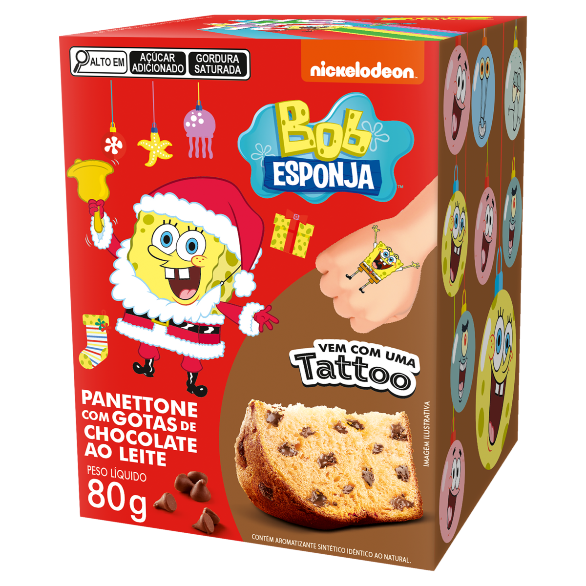 Mini Panettone com Gotas de Chocolate ao Leite Bob Esponja Casa Suíça Caixa 80g Vem com Tattoo