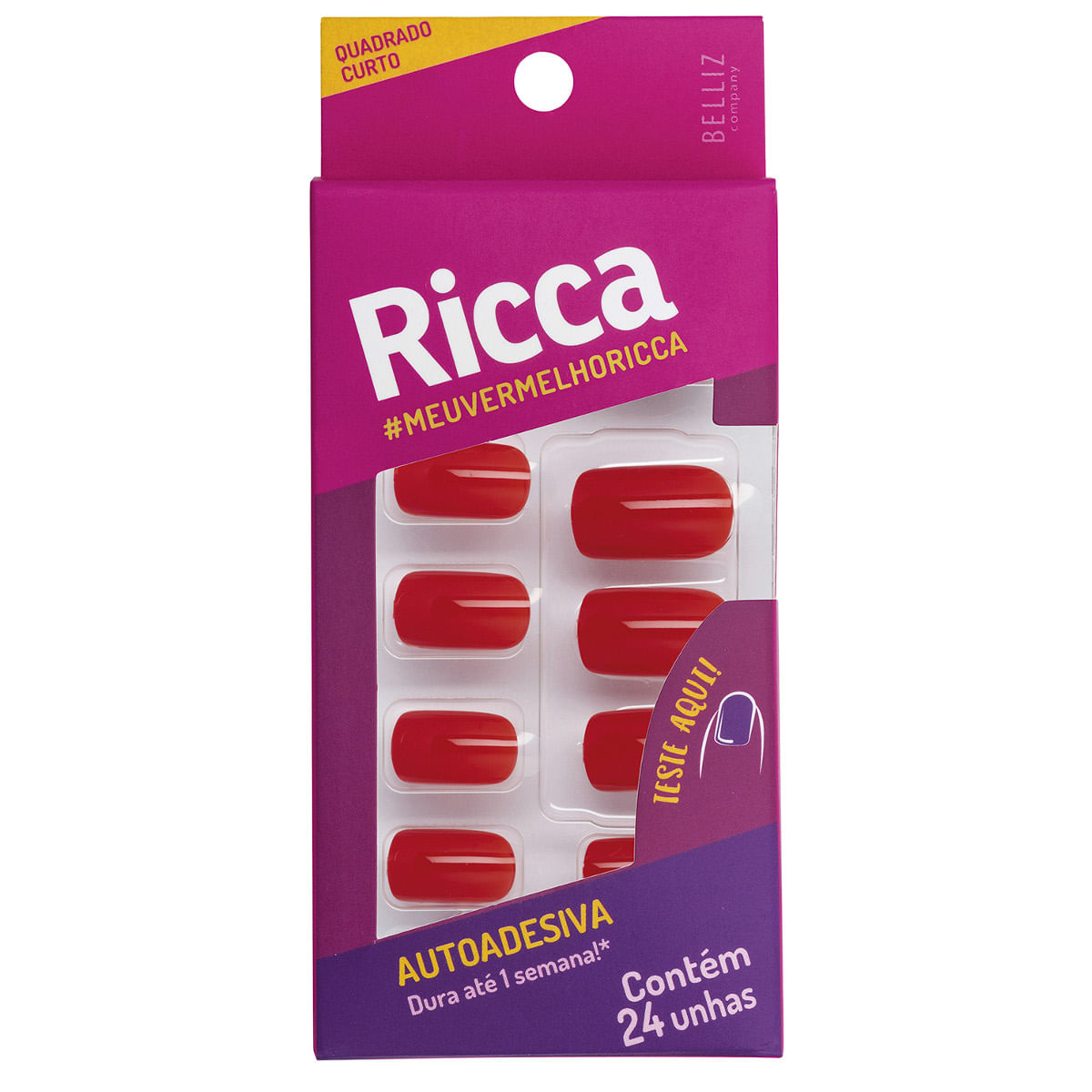Unha RICCA Autoadesiva Vermelho Paixão com 24 Unidades