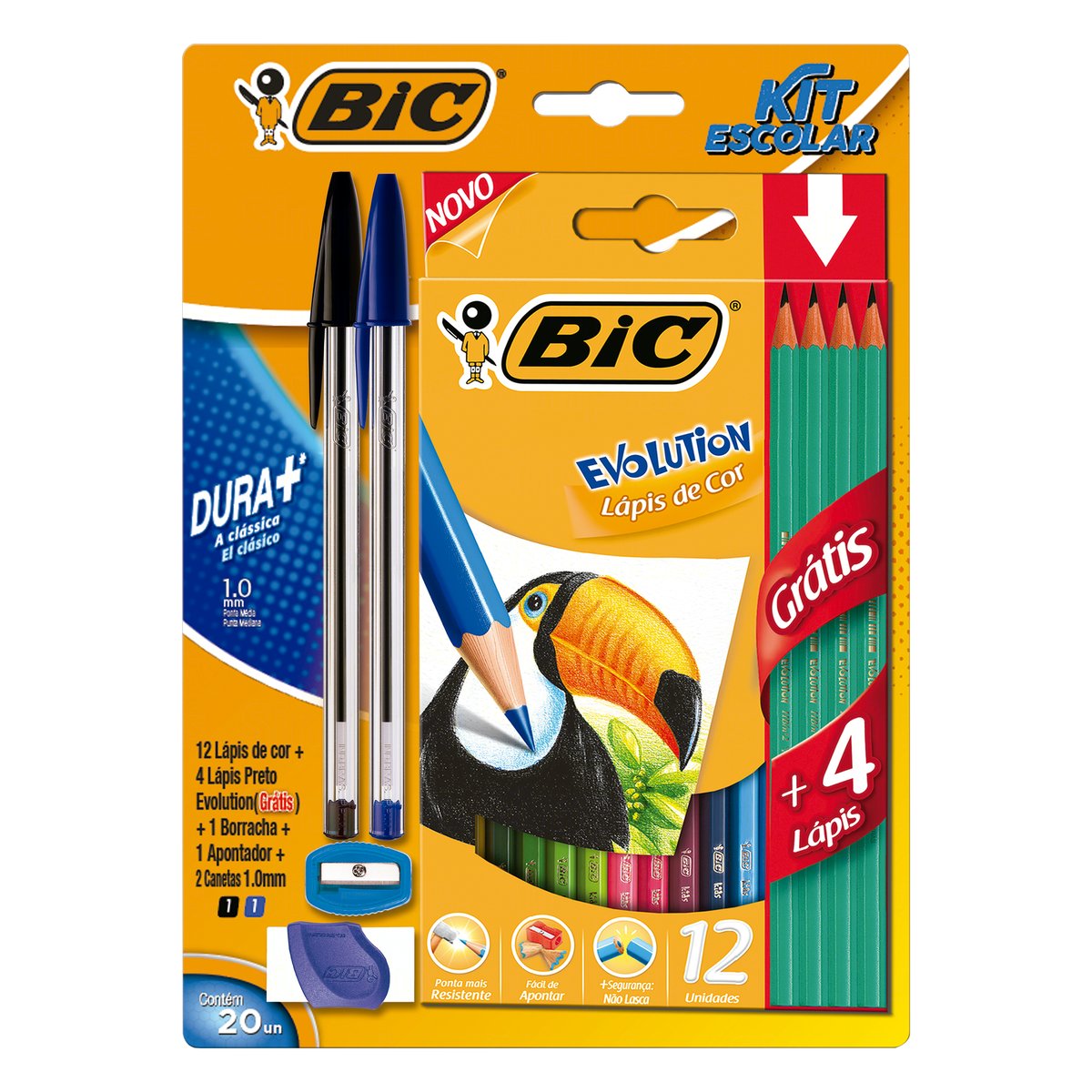 Kit Bic 12 Lápis de Cor Evolution + 1 Borracha + 1 Apontador + 2 Canetas Grátis 4 Lápis Pretos