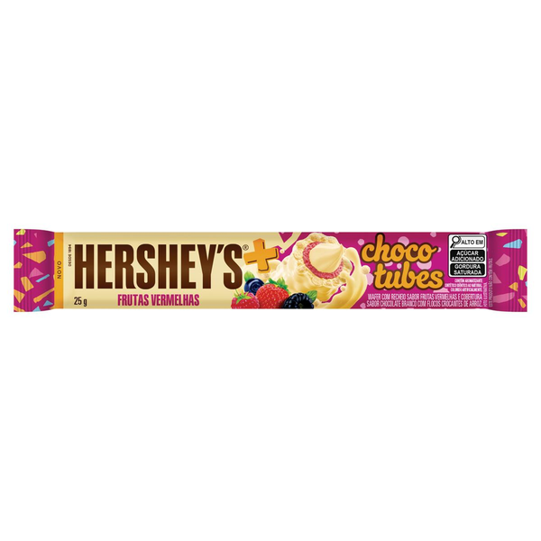 Rolinhos de Wafer Recheio Frutas Vermelhas Cobertura Chocolate Branco com Flocos Crocantes de Arroz Hersheys Mais Chocotubes Pacote 25g