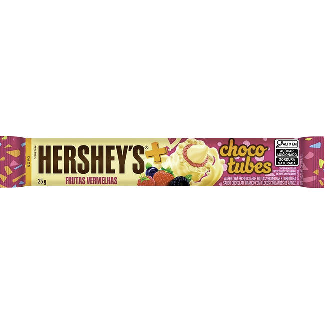 Rolinhos de Wafer Recheio Frutas Vermelhas Cobertura Chocolate Branco com Flocos Crocantes de Arroz Hersheys Mais Chocotubes Pacote 25g