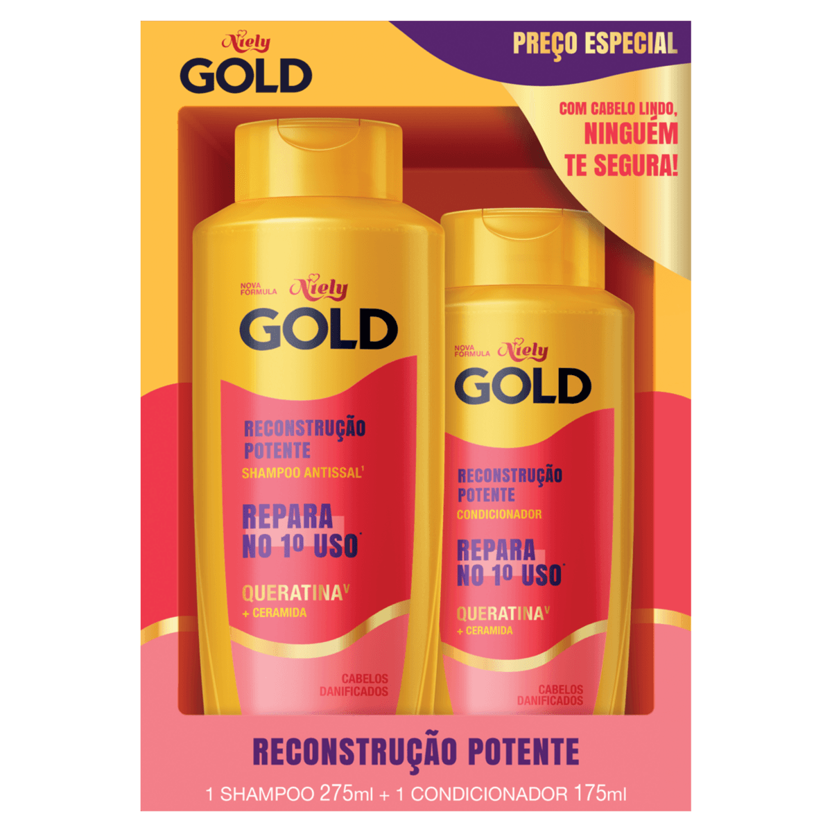 Kit NIELY GOLD Reconstrução Potente Shampoo 275ml + Condicionador 175ml Preço Especial