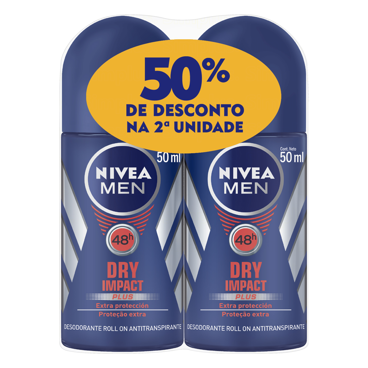 Pack Antitranspirante Roll-On Nivea Men Dry Impact Plus 2 Unidades 50ml Cada Grátis 50% de Desconto na 2ª Unidade