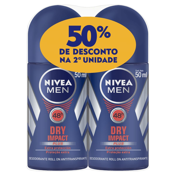 Pack Antitranspirante Roll-On Nivea Men Dry Impact Plus 2 Unidades 50ml Cada Grátis 50% de Desconto na 2ª Unidade