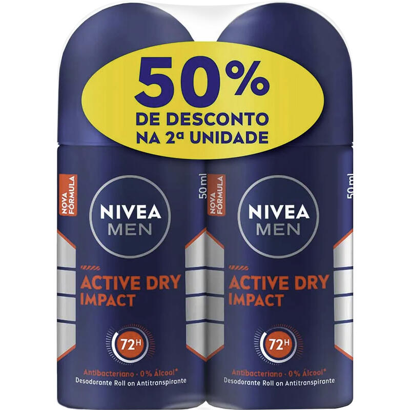 Pack Antitranspirante Roll-On Nivea Men Dry Impact Plus 2 Unidades 50ml Cada Grátis 50% de Desconto na 2ª Unidade