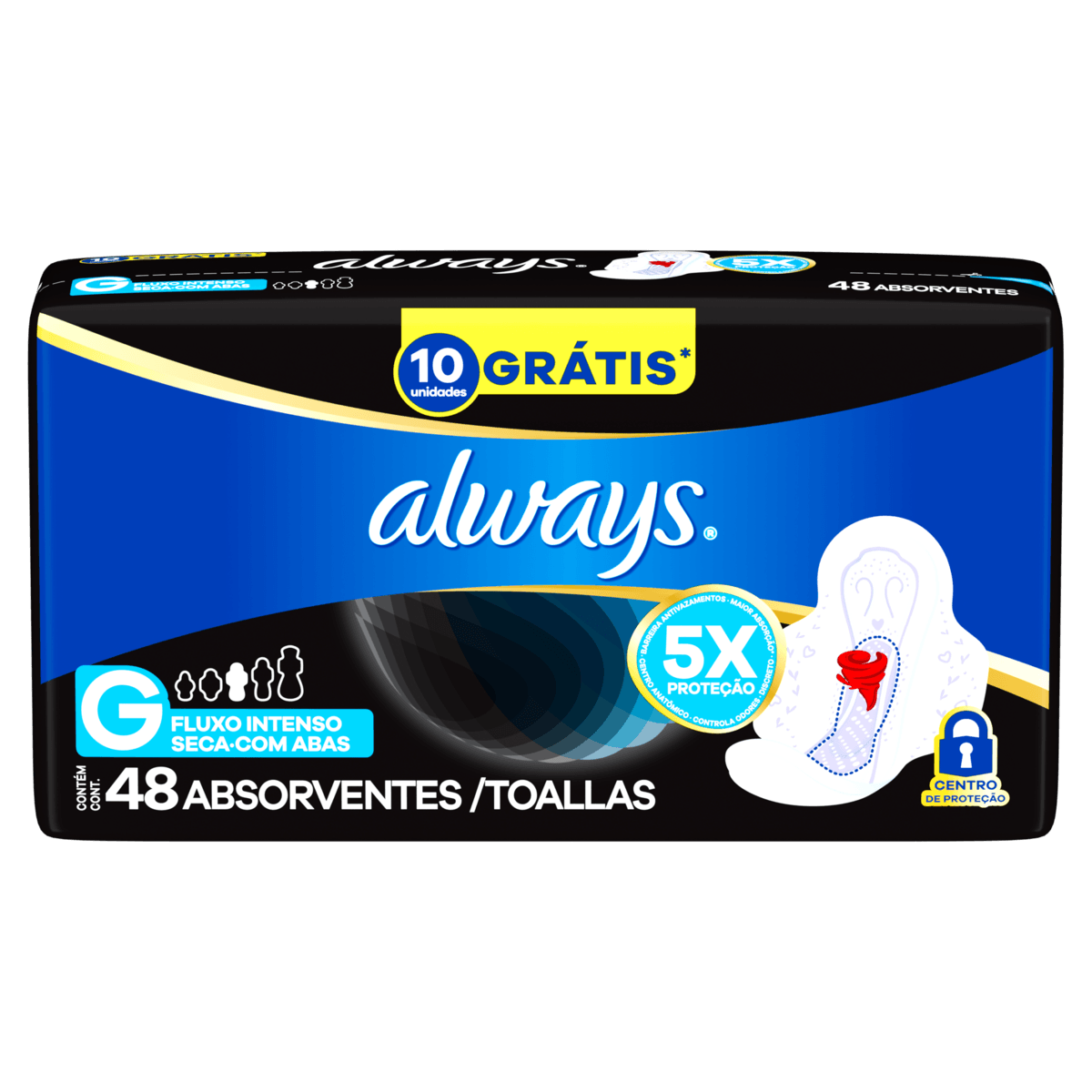 Absorvente Higiênico ALWAYS Seca Fluxo G com Abas com 48 unidades 10 Grátis